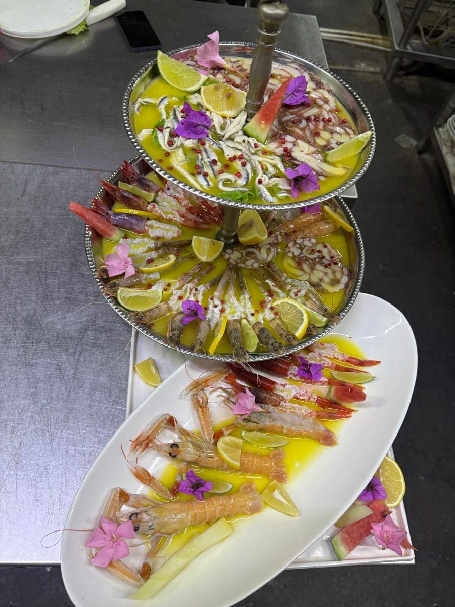 Seafood tower decorated with flowers